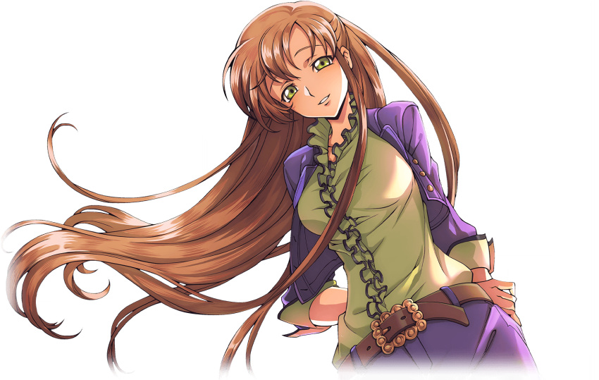 1girl arms_behind_back artist_request backlighting belt breasts buttons center_frills code_geass code_geass:_lost_stories cropped_jacket dutch_angle floating_hair frilled_shirt frills game_cg green_shirt half-closed_eyes happy highres holding_own_arm jacket long_hair long_sleeves looking_at_viewer medium_breasts non-web_source official_art open_clothes open_jacket orange_hair parted_lips purple_jacket purple_skirt shirley_fenette shirt shirt_tucked_in sidelocks simple_background skirt smile solo standing teeth transparent_background upper_body yellow_eyes