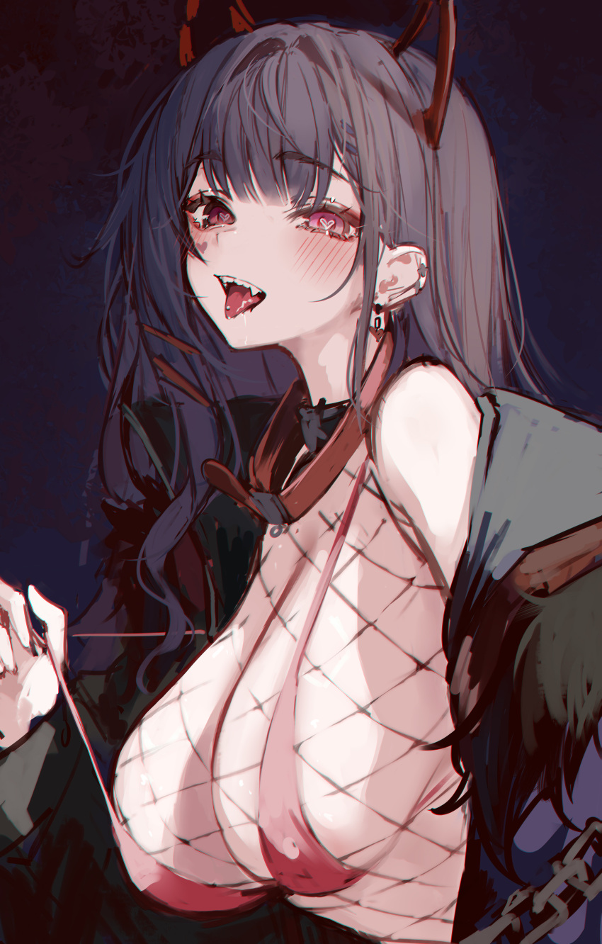 1girl absurdres akuma_nihmune akuma_nihmune_(2nd_costume) animal_collar black_jacket blush bra collar demon_girl demon_horns ear_piercing earrings fishnet_leotard hashtag_only_commentary heart heart-shaped_pupils highres horns indie_virtual_youtuber jacket jewelry long_hair long_sleeves looking_at_viewer naokomama open_clothes open_jacket open_mouth piercing pink_eyes purple_background purple_hair red_bra red_collar saliva sharp_teeth sidelocks solo strap_pull symbol-shaped_pupils teeth tongue tongue_piercing underwear upper_body virtual_youtuber