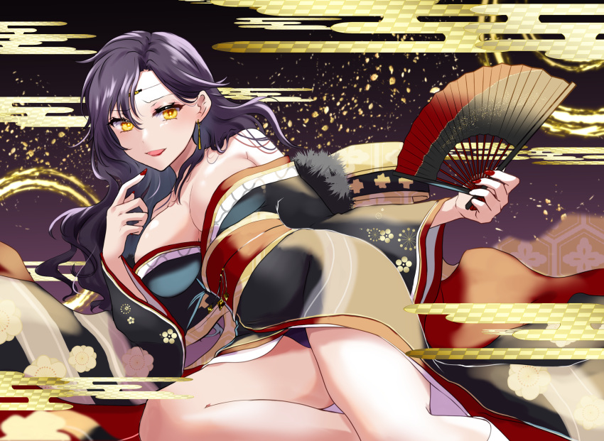 1girl alternate_costume azur_lane bare_shoulders black_hair black_kimono breasts circlet cleavage collarbone commission commissioner_upload cosplay earrings fingernails fire_emblem fire_emblem:_the_blazing_blade folding_fan friedrich_der_grosse_(azur_lane) friedrich_der_grosse_(azur_lane)_(cosplay) friedrich_der_grosse_(dark_raiments_of_gagaku)_(azur_lane) friedrich_der_grosse_(dark_raiments_of_gagaku)_(azur_lane)_(cosplay) fur-trimmed_kimono fur_trim hand_fan highres holding holding_fan japanese_clothes jewelry kimono large_breasts lipstick long_fingernails long_hair looking_at_viewer low_neckline makeup mature_female mu_tu_bu nabatame_hitomi nail_polish new_year non-web_source off_shoulder panties panty_peek pixiv_commission purple_panties red_nails red_sash sash smile solo sonia_(fire_emblem) thighs underwear voice_actor_connection yellow_eyes