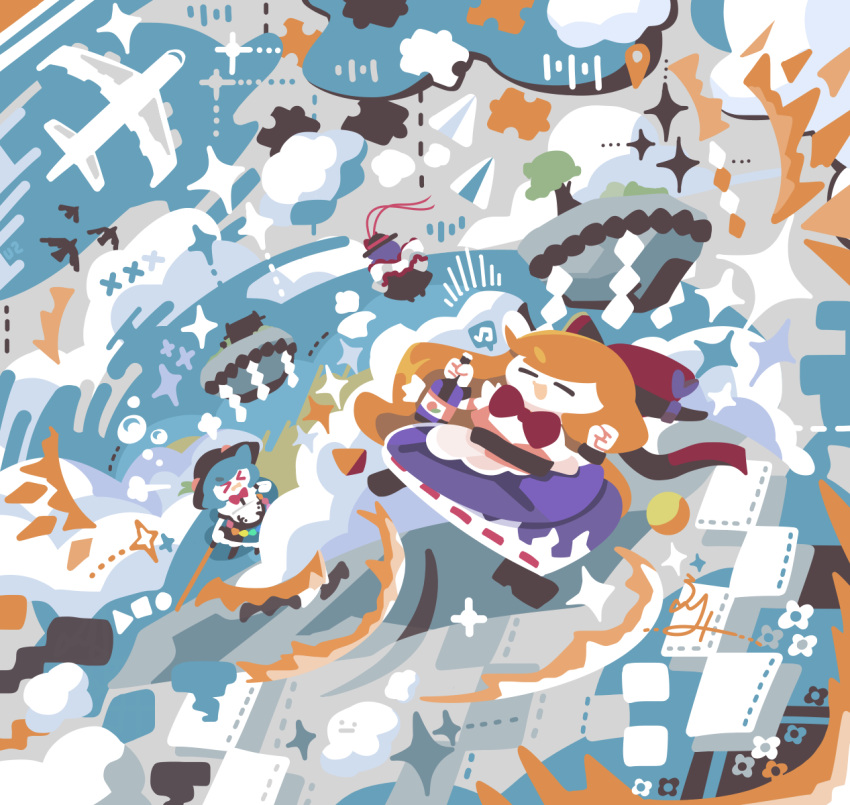 &gt;_&lt; 3girls aircraft airplane bird black_headwear blue_hair blue_skirt bottle bow bowtie bubble closed_eyes cloud cross facing_another facing_away facing_viewer floating floating_island flower flying frilled_skirt frills hagoromo hair_bow highres hinanawi_tenshi holding holding_bottle ibuki_suika long_hair multiple_girls musical_note nagae_iku no_lineart open_mouth orange_hair paper_airplane puff_of_air purple_hair purple_skirt puzzle_piece rainbow_gradient red_bow red_bowtie rope shapes shawl shide shimenawa shirt shrine simple_bird skirt smile sparkle spoken_musical_note thatpebble touhou tree white_shirt wristband