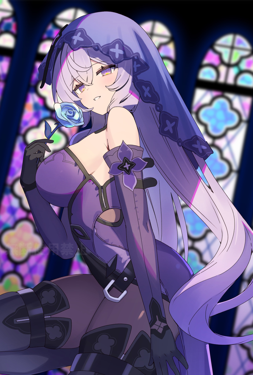 1girl bare_shoulders black_gloves black_swan_(honkai:_star_rail) blue_flower blue_rose breasts commentary_request dress elbow_gloves flower gloves highres holding holding_flower honkai:_star_rail honkai_(series) indoors large_breasts long_hair looking_at_viewer pantyhose purple_dress purple_eyes purple_hair rose sleeveless sleeveless_dress solo veil very_long_hair zenshin