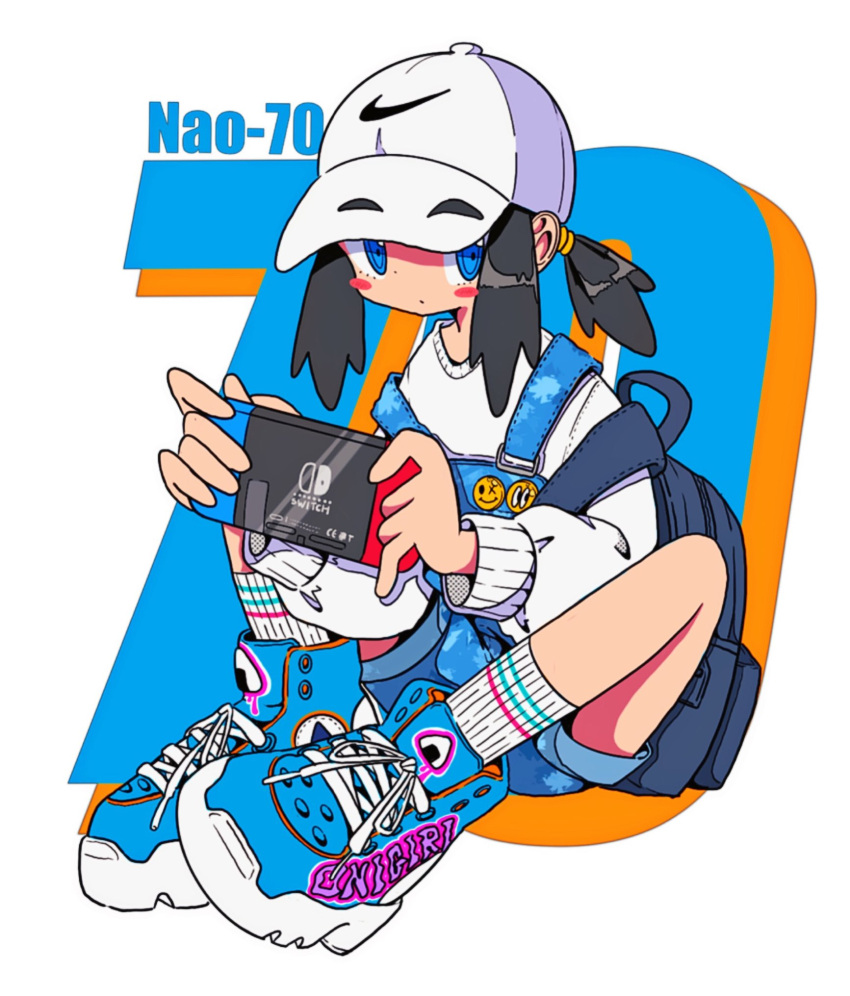 1girl artist_name backpack badge bag baseball_cap black_hair blue_eyes blue_footwear blue_overalls blue_shorts blush_stickers button_badge closed_mouth dot_mouth full_body handheld_game_console hat highres holding holding_handheld_game_console knees_up long_sleeves looking_at_viewer making-of_available nao97122 nike_(company) nintendo nintendo_switch original overall_shorts overalls ponytail ribbed_socks shoes short_ponytail shorts sidelocks sitting sneakers solo sweater white_background white_headwear white_sweater