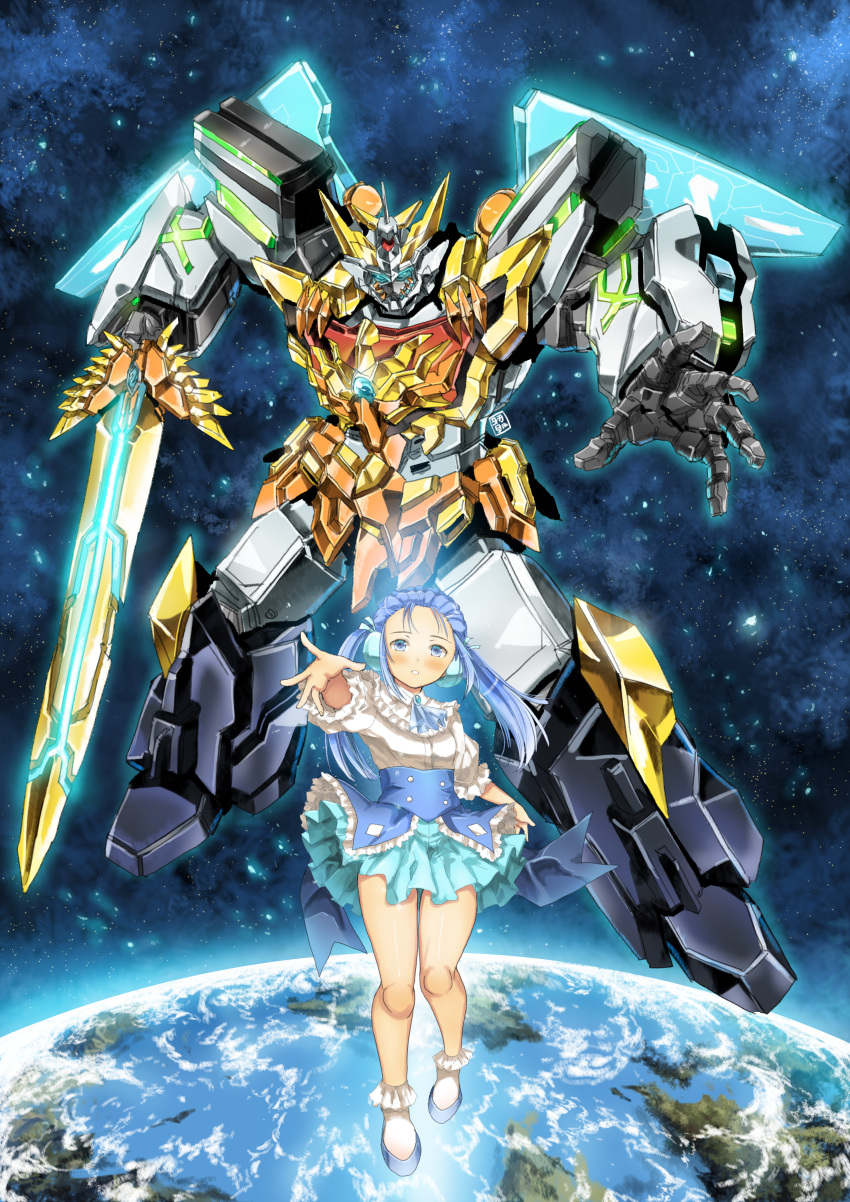 1girl absurdres blue_eyes blue_footwear blue_skirt blush earth_(planet) frilled_socks frills garimpeiro glowing glowing_eyes head_tilt high-waist_skirt highres holding holding_sword holding_weapon larua_(sworgrader) looking_at_viewer mecha open_hand parted_lips planet robot science_fiction skirt socks space super_robot sword sworgrader twintails v-fin weapon white_socks yuusha_series yuusha_uchuu_sworgrader