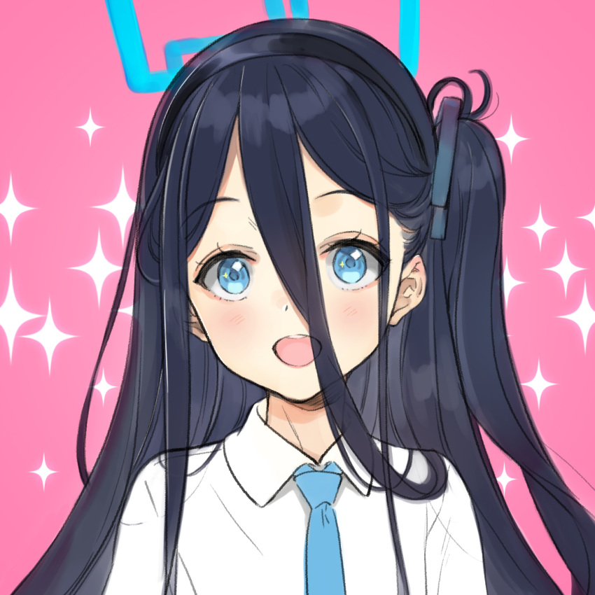 1girl aris_(blue_archive) black_hair black_hairband blue_archive blue_eyes blue_necktie blush close-up collared_shirt commentary_request hair_between_eyes hairband halo highres holding long_hair looking_at_viewer necktie one_side_up open_mouth oyari_ashito pink_background shirt sketch smile solo sparkle straight-on white_shirt