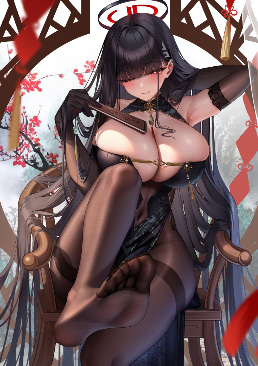 1girl ;) absurdres arm_behind_head armpits black_dress black_hair blue_archive blush breasts brown_pantyhose chair cleavage closed_mouth covered_navel dress elbow_gloves feet feet_up folded_fan folding_fan gloves halo hand_fan highres holding holding_fan huge_breasts long_hair meion no_shoes one_eye_closed pantyhose red_eyes rio_(blue_archive) sitting sleeveless sleeveless_dress smile soles solo tassel very_long_hair