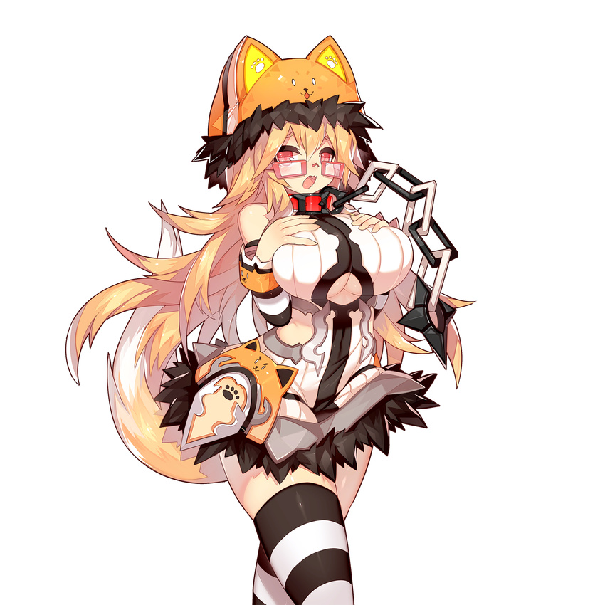 :3 :d :o animal_ears animal_hat bangs bare_shoulders black_legwear blonde_hair blush blush_stickers breast_suppress breasts chain collar cowboy_shot detached_sleeves dog_ears dog_hat dog_tail dress embarrassed fake_animal_ears flipped_hair from_side fur-trimmed_dress fur-trimmed_hat fur_trim glasses hair_between_eyes halterneck hands_on_own_chest hat highres hips large_breasts lead_retriever leash legs_together long_hair looking_at_viewer mamuru no_bra o_o official_art open_mouth paw_print raised_eyebrows rectangular_eyewear red-framed_eyewear red_eyes ribbed_dress short_dress shuriken side_cutout sleeve_cuffs smile solo standing striped striped_legwear striped_sleeves tail thighhighs thighs transparent_background uchi_no_hime-sama_ga_ichiban_kawaii underboob underboob_cutout very_long_hair white_dress white_legwear zettai_ryouiki