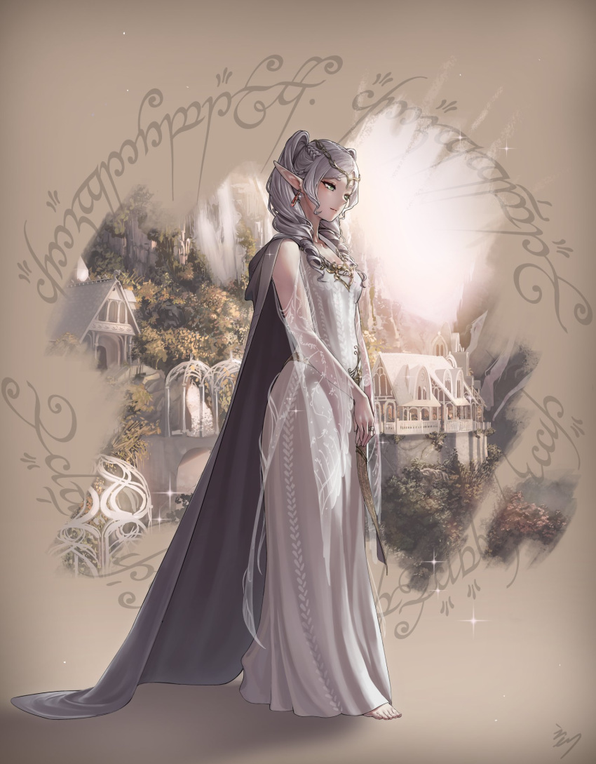 1girl architecture barefoot cape circlet dress earrings elf elvish_text frieren full_body green_eyes grey_cape highres jewelry long_dress long_hair pointy_ears rivendell sousou_no_frieren the_lord_of_the_rings tilapiawest tolkien's_legendarium translation_request tree white_dress white_hair