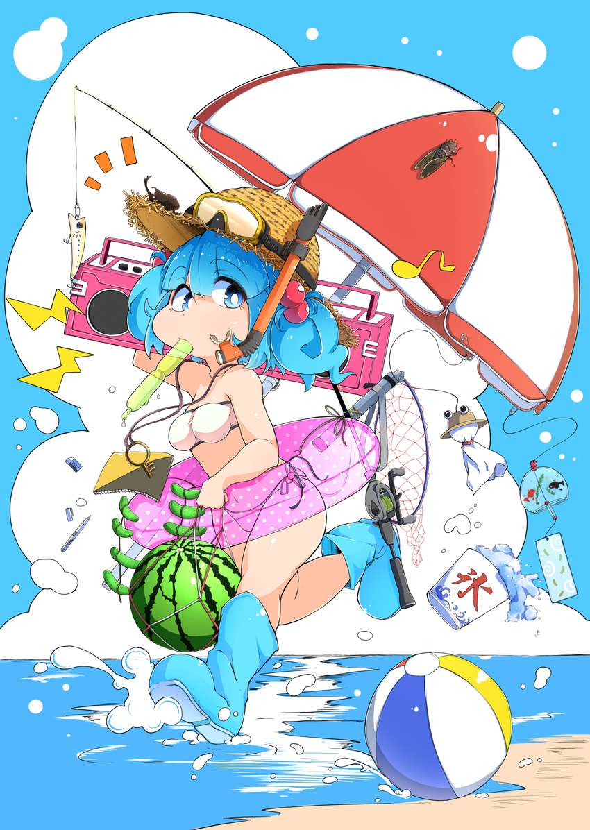 absurdres ball bare_shoulders beach beach_umbrella beachball beetle bikini blue_eyes blue_hair blue_sky boots breasts bug cicada cleavage cucumber day eraser eyebrows fishing_hook fishing_line fishing_rod flanvia food fruit goggles goggles_on_headwear hair_bobbles hair_ornament hat highres innertube insect kawashiro_nitori key key_necklace knee_boots large_breasts legs midriff mouth_hold navel notebook ocean outdoors pen rhinoceros_beetle rubber_boots running shaved_ice short_hair side-tie_bikini sky solo stereo strapless strapless_bikini straw_hat sun_hat swimsuit teruterubouzu thighs touhou two_side_up umbrella water water_drop watermelon white_bikini wind_chime