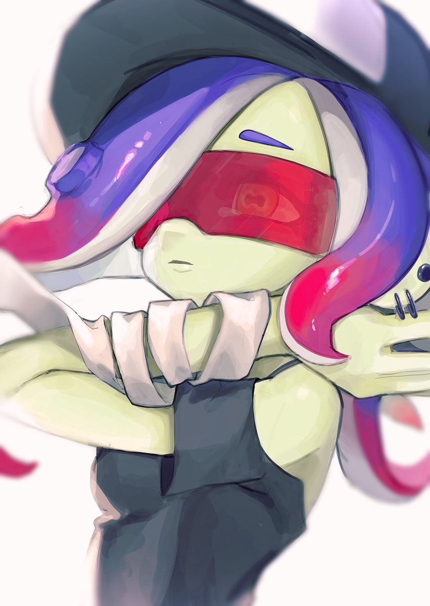 1girl bandaged_arm bandages bare_shoulders baseball_cap black_headwear blue_hair breasts cephalopod_eyes colored_skin d_msy8 dedf1sh earrings eyes_visible_through_eyewear gradient_hair green_skin hair_over_one_eye hat highres horizontal_pupils jewelry long_hair medium_breasts multicolored_hair multiple_earrings off_shoulder orange_eyes red-tinted_eyewear red_hair sanitized_(splatoon) short_sleeves simple_background solo splatoon_(series) suction_cups sunglasses tentacle_hair tinted_eyewear two-tone_hair two-tone_headwear white_background white_headwear