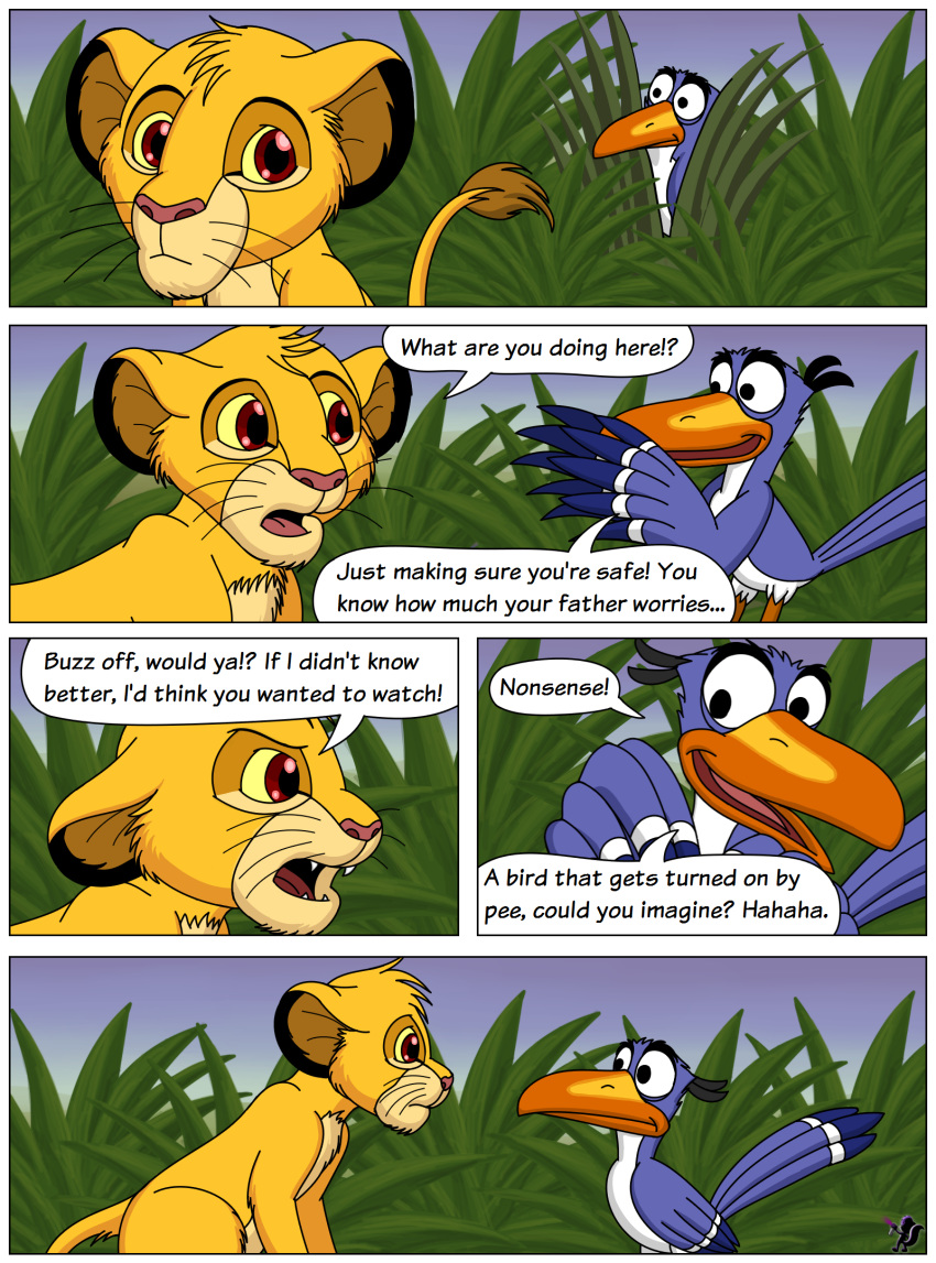 avian beak bird blue_feathers comic cub dialogue digital_drawing_(artwork) digital_media_(artwork) disney english_text fangs feathers feline feral fur grass head_tuft hi_res hornbill lion male mammal open_mouth open_smile orange_beak pantherine pink_nose red_eyes simba simple_background smile speech_bubble text the_lion_king tuft whiskers whoreomatic yellow_fur yellow_sclera young zazu