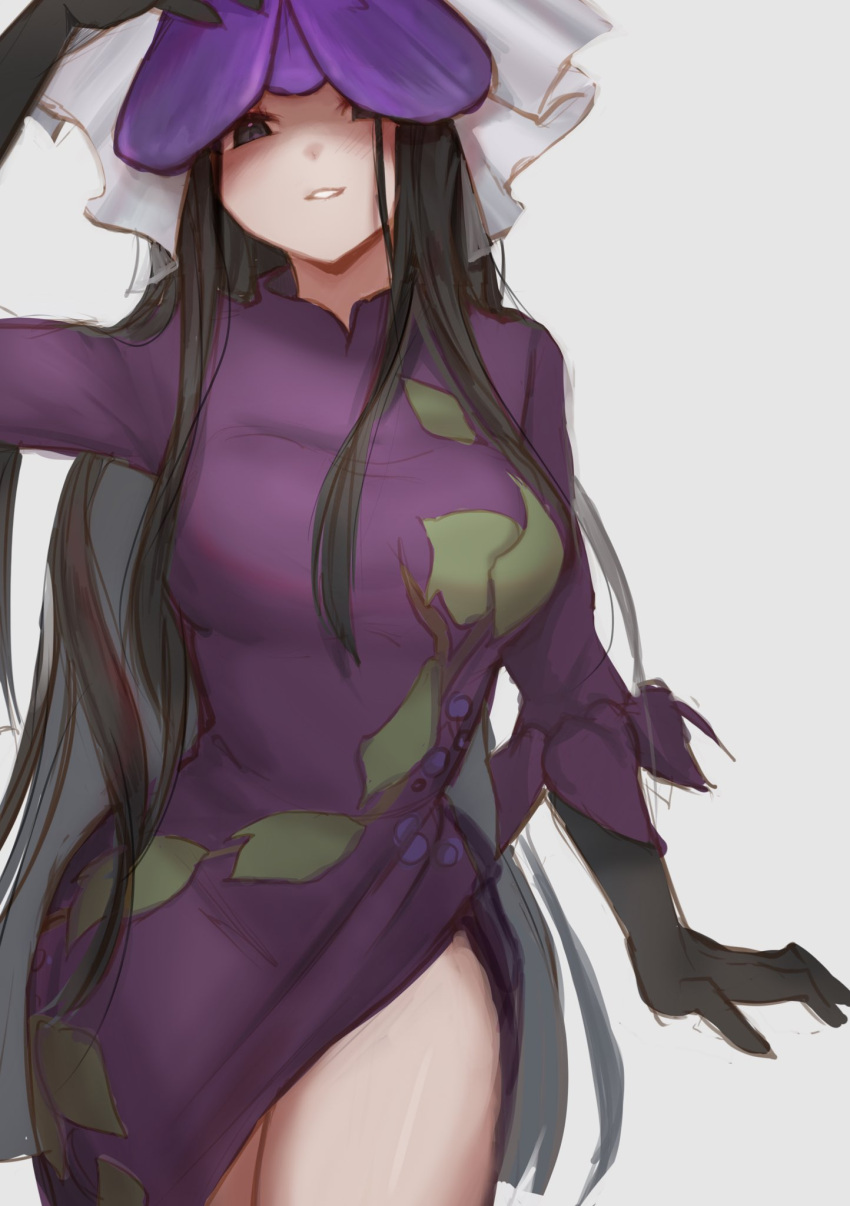 1girl arm_up black_gloves black_hair blush breasts china_dress chinese_clothes dress elbow_gloves flower flower_on_head gloves grape_print highres large_breasts leaf_print long_hair long_sleeves looking_at_viewer mandarin_collar orchid_(pixiv3730518) purple_dress purple_eyes purple_flower sidelocks simple_background smile solo standing teeth touhou veil white_background yomotsu_hisami