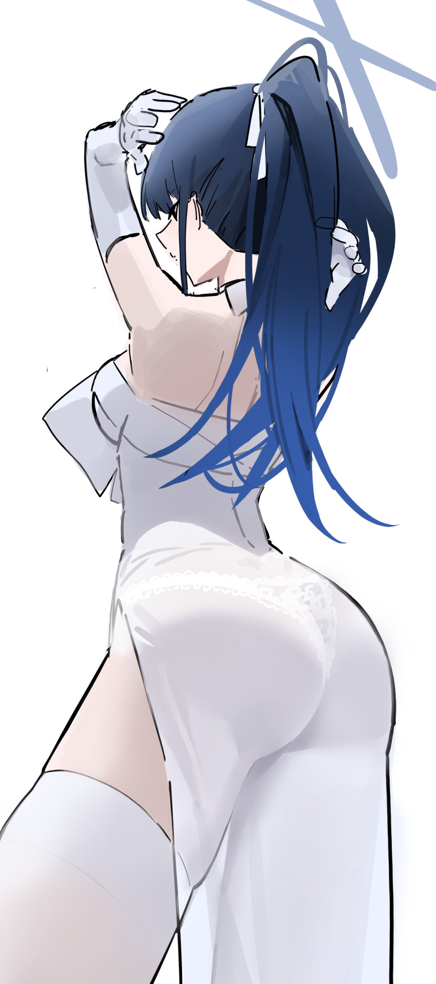 1girl absurdres ass blue_archive blue_hair blue_halo choker commentary dress elbow_gloves gloves halo highres lingerie official_alternate_costume saori_(blue_archive) saori_(dress)_(blue_archive) see-through see-through_dress ske4682 solo strapless strapless_dress underwear unfinished white_background white_choker white_dress white_gloves