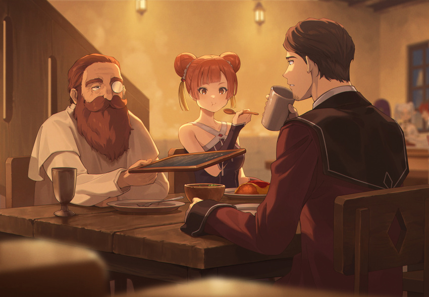 3boys 3girls :t asymmetrical_bangs beard black_eyes blurry bowl brown_eyes brown_hair commentary_request cup denken_(sousou_no_frieren) depth_of_field double_bun eating facial_hair fern_(sousou_no_frieren) food fork frieren full_beard goatee_stubble hair_bun hair_ornament highres holding holding_cup holding_menu holding_spoon indoors laufen_(sousou_no_frieren) long_beard looking_at_another menu monocle multiple_boys multiple_girls mustache old old_man omelet omurice on_chair opaque_monocle orange_hair plate richter_(sousou_no_frieren) short_hair sitting sousou_no_frieren spoon stark_(sousou_no_frieren) stubble tassel tassel_hair_ornament thick_beard wooden_bowl zinnkousai3850