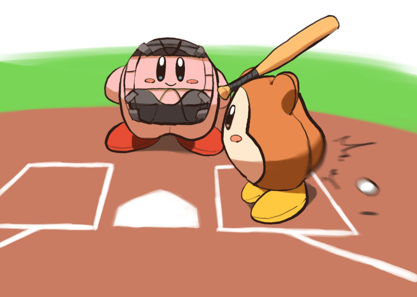 ball baseball baseball_bat blush_stickers catcher_(baseball) colored_skin commentary_request ga-chan24 kirby kirby_(series) looking_at_viewer motion_blur no_humans pink_skin smile solid_oval_eyes waddle_dee