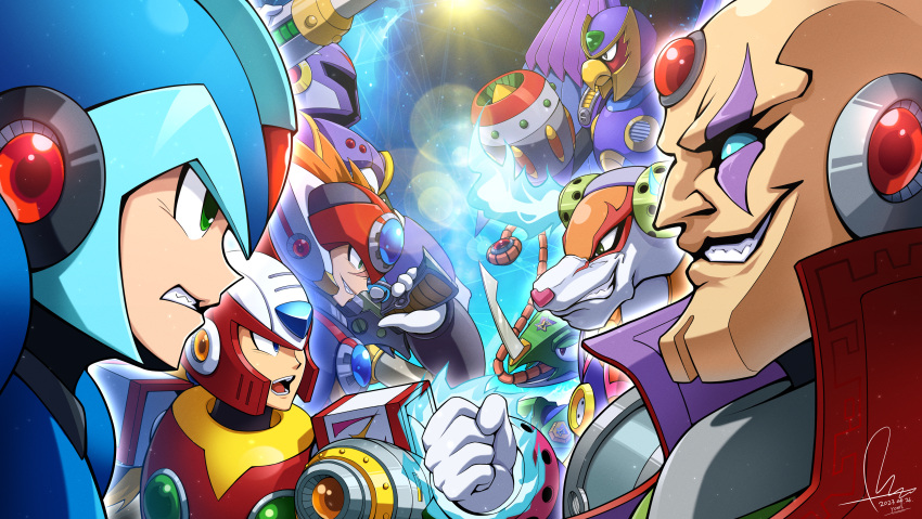 6+boys absurdres android arm_cannon armor axl_(mega_man) beak blonde_hair blue_eyes blue_fire brown_hair chameleon clenched_teeth dasoin facial_mark fiery_horns fire flame_stag forehead_jewel green_eyes gun helmet highres holding holding_gun holding_weapon horns long_hair mechanical_wings mega_man_(series) mega_man_x_(series) multiple_boys scar scar_on_face sigma_(mega_man) signature smirk spiked_hair sting_chameleon_(mega_man) storm_eagle_(mega_man) teeth vile_(mega_man) weapon wings x_(mega_man) zero_(mega_man)