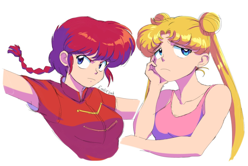 2girls artist_name bishoujo_senshi_sailor_moon blonde_hair blue_eyes braid braided_ponytail breasts chinese_clothes crossover earrings emlirjak frown jewelry multiple_girls ranma-chan ranma_1/2 red_hair sad tsukino_usagi