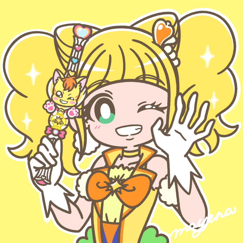 1girl ;d blonde_hair blunt_bangs blush bright_pupils brooch choker cure_sparkle earrings eyelashes gloves green_eyes grin hair_bun hair_ornament healin'_good_precure healing_wand heart heart_hair_ornament heart_wand highres hiramitsu_hinata jewelry long_hair looking_at_viewer magical_girl mayena one_eye_closed outline pom_pom_(clothes) pom_pom_earrings precure signature simple_background smile solo star_brooch twintails upper_body white_gloves white_outline yellow_background yellow_choker