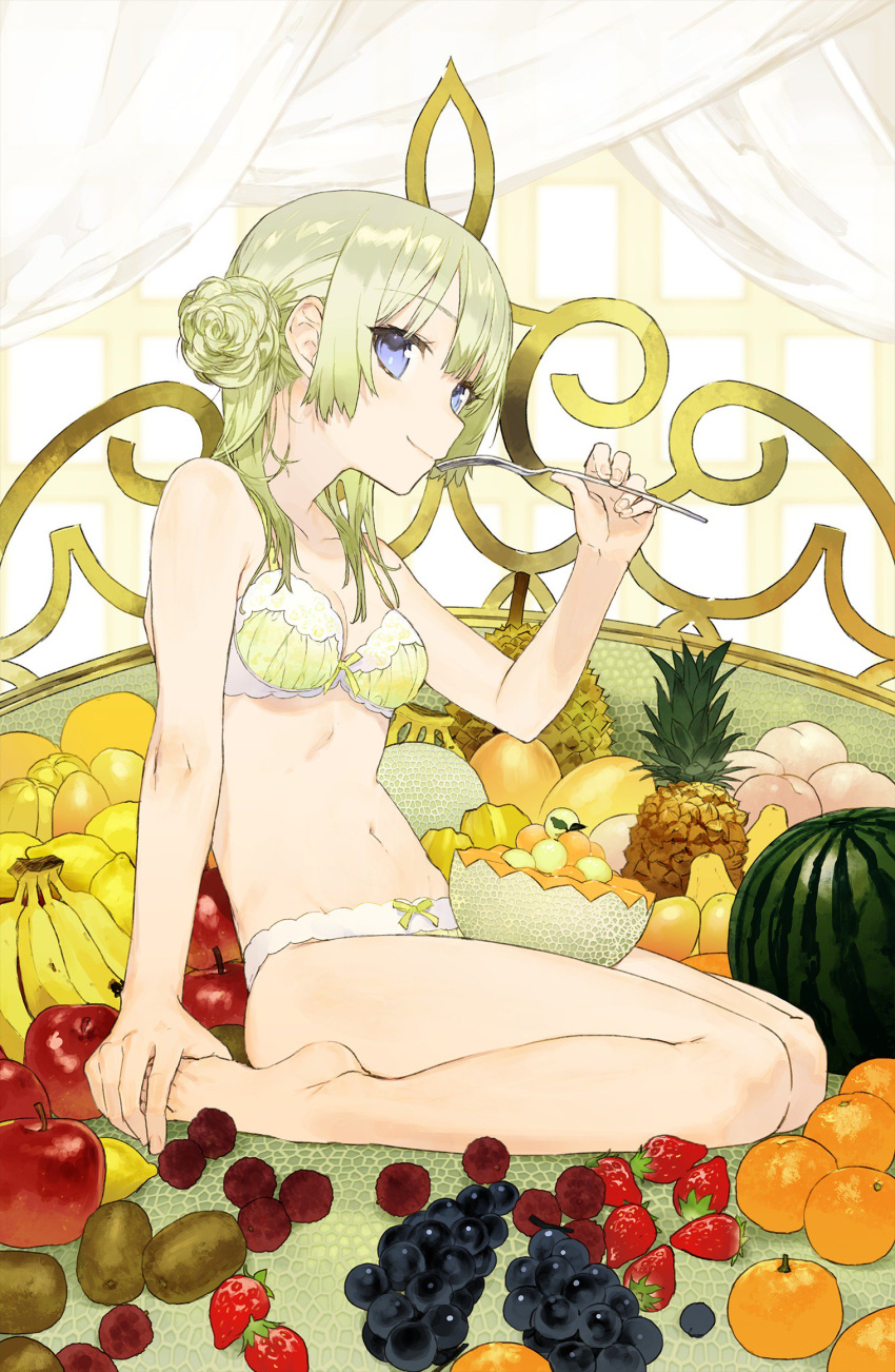 1girl apple banana bare_arms bare_legs bare_shoulders blonde_hair bra breasts cantaloupe closed_mouth collarbone commentary_request curtains eating eyelashes feet flower food fork fruit fruit_tree full_body grapes hair_between_eyes hair_flower hair_ornament highres holding holding_fork holding_own_foot kneeling lemon long_hair looking_at_viewer medium_breasts navel noco_(adamas) on_bed orange_(fruit) original panties pineapple plaid plaid_background purple_eyes ribbon ribbon_panties rose shirt smile solo stomach strawberry toes tree underwear watermelon white_panties yellow_background yellow_bra yellow_flower yellow_ribbon yellow_rose