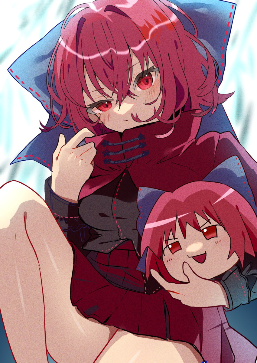 1girl :/ :d bare_legs black_dress blue_bow bow breasts closed_mouth crossed_bangs dress film_grain hair_bow hand_up head_tilt highres holding knee_up legs long_sleeves looking_at_viewer open_mouth red_dress red_eyes red_hair ribbon-trimmed_bow sekibanki short_hair sitting small_breasts smile tamagogayu1998 thighs touhou two-tone_dress white_background yukkuri_shiteitte_ne