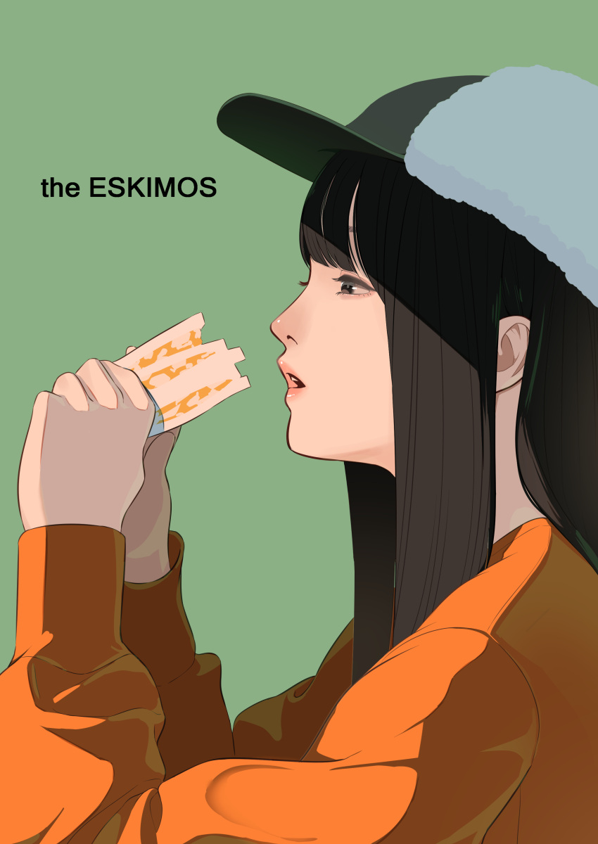 1girl absurdres bananafish1111 black_eyes black_hair commentary english_commentary english_text food green_background hat highres long_hair long_sleeves orange_shirt original parted_lips sandwich shirt simple_background solo teeth