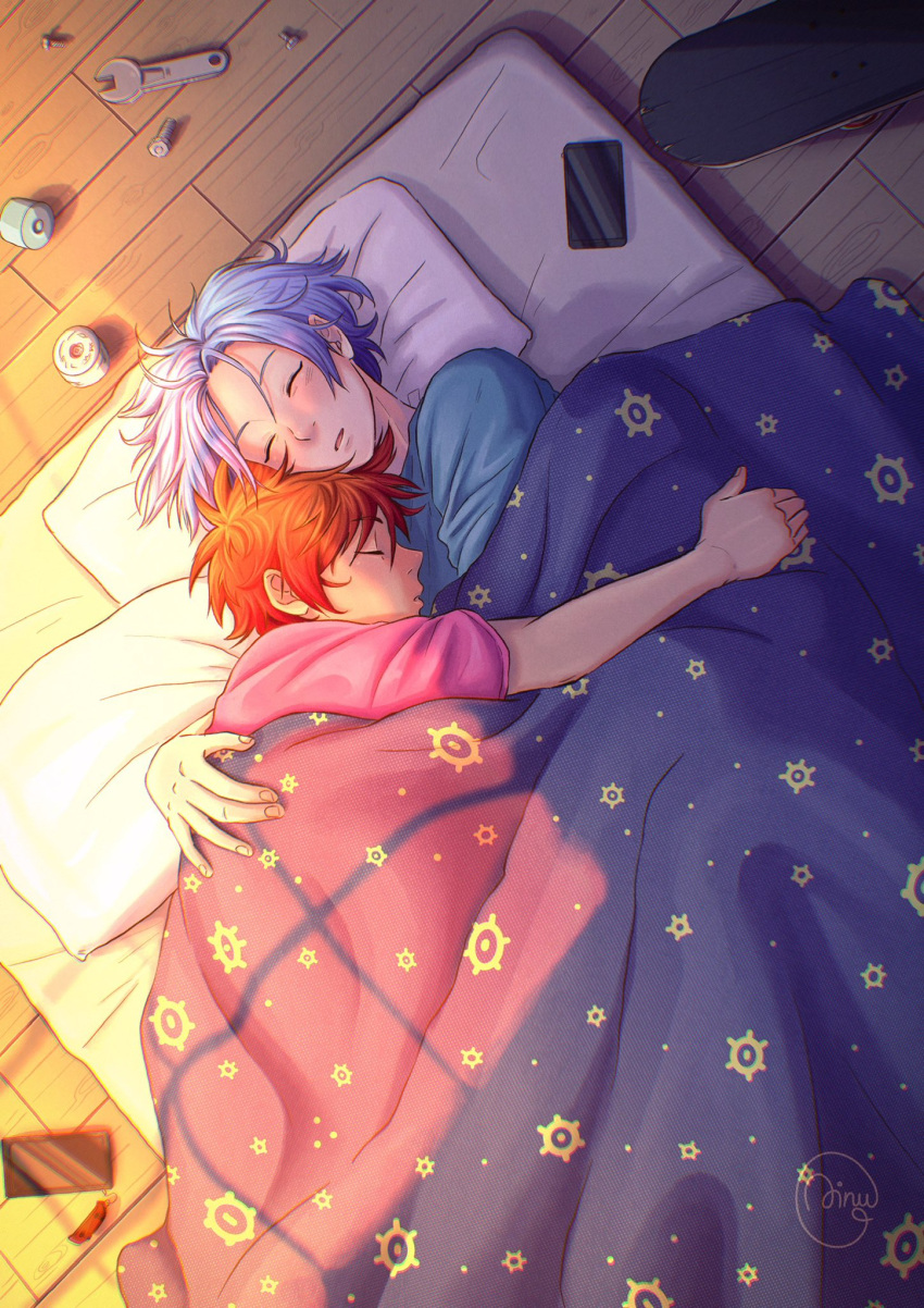 2boys ainudraws bed blanket blue_hair cellphone closed_eyes futon hasegawa_langa highres kyan_reki lying male_focus multiple_boys orange_hair phone pillow red_hair sk8_the_infinity skateboard sleeping smartphone wrench