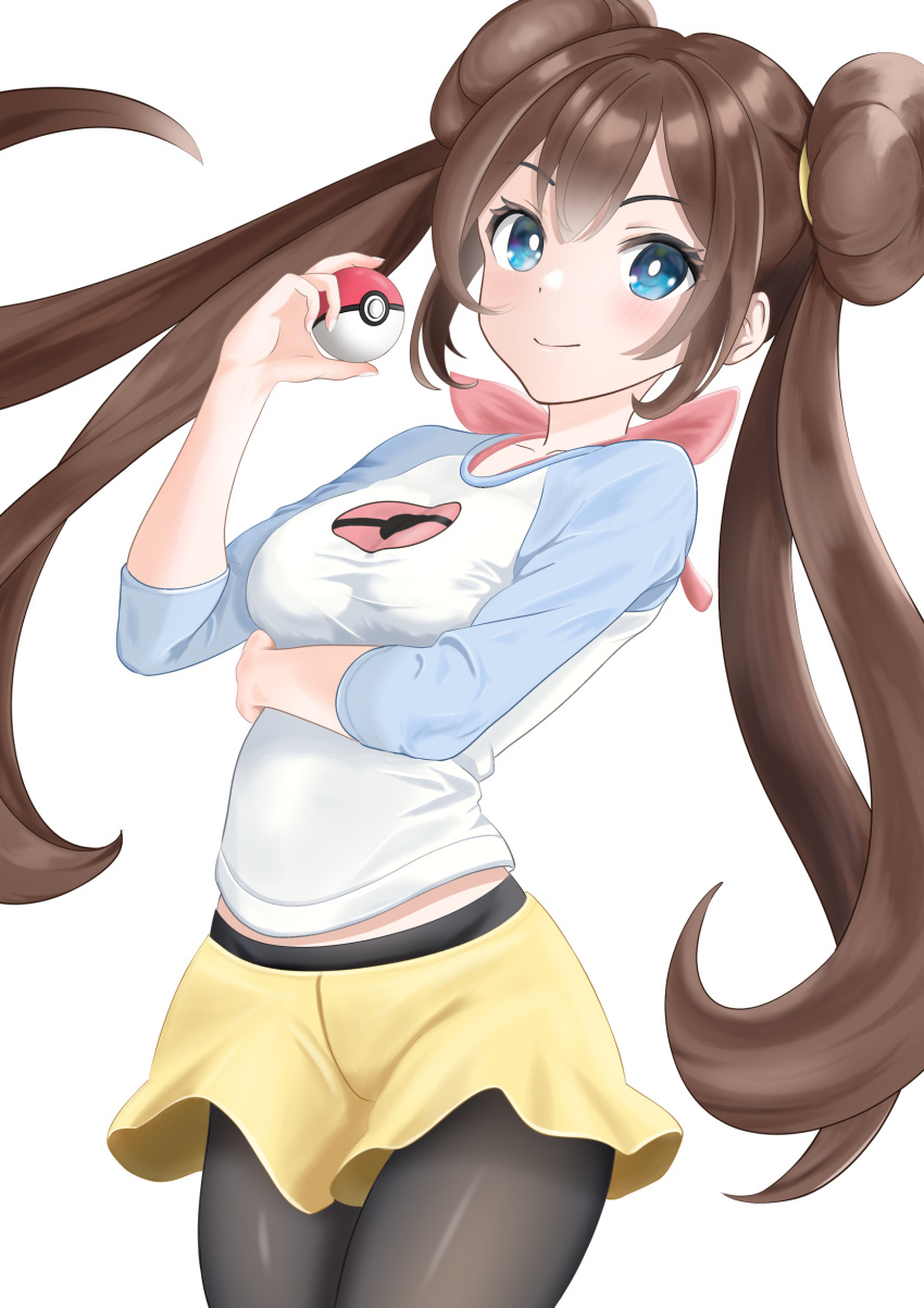 1girl absurdres arm_under_breasts black_pantyhose blue_eyes brown_hair closed_mouth clothing_cutout double_bun hair_bun highres holding holding_poke_ball long_hair looking_at_viewer pantyhose poke_ball poke_ball_(basic) pokemon pokemon_bw2 rosa_(pokemon) seriponpoyon shirt shorts sleeves_past_elbows smile solo stomach_cutout twintails white_background yellow_shorts