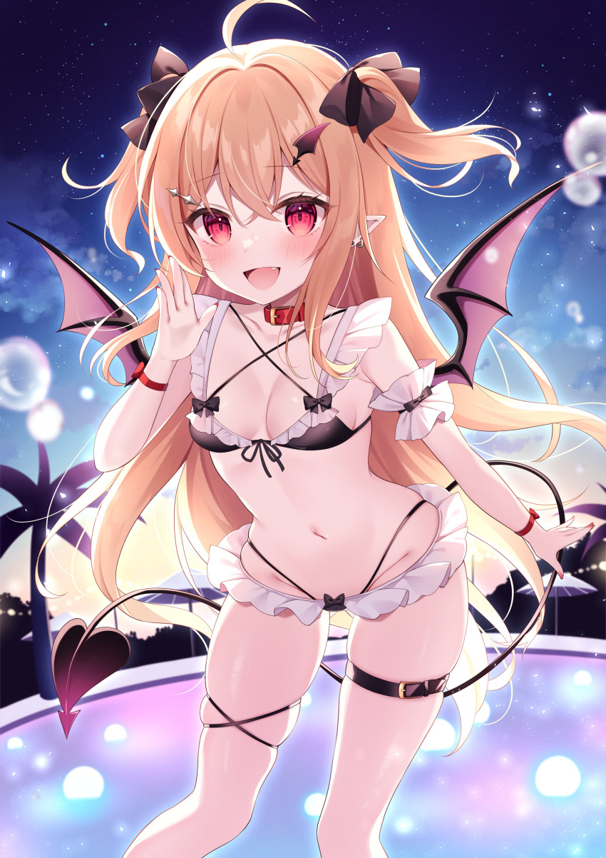 1girl :d absurdres ahoge bat_wings belt black_ribbon black_wings blonde_hair blush breasts commentary_request demon_tail fang hair_ribbon highres long_hair looking_at_viewer miy@ navel open_mouth original pointy_ears red_eyes ribbon small_breasts smile solo standing tail thigh_belt thigh_strap two_side_up wings