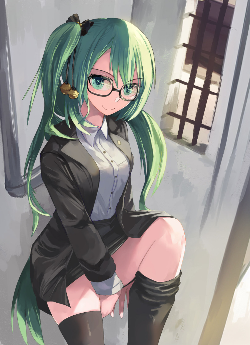 .live 1girl against_wall ai-generated_art_(topic) bell between_legs black-framed_eyewear black_bow black_jacket black_panties black_skirt black_thighhighs bow check_commentary closed_mouth collared_shirt commentary commentary_request dress_shirt eyes_visible_through_hair feet_out_of_frame glasses green_eyes green_hair gregorius_yamada hair_bell hair_bow hair_ornament hand_between_legs highres jacket jingle_bell kagura_suzu_(.live) knee_up layered_sleeves long_hair long_sleeves looking_at_viewer miniskirt office_lady open_clothes open_jacket panties panty_pull pencil_skirt removing_legwear shirt shirt_tucked_in side_ponytail skirt skirt_suit solo standing suit suit_jacket thighhighs underwear undressing very_long_hair white_shirt window