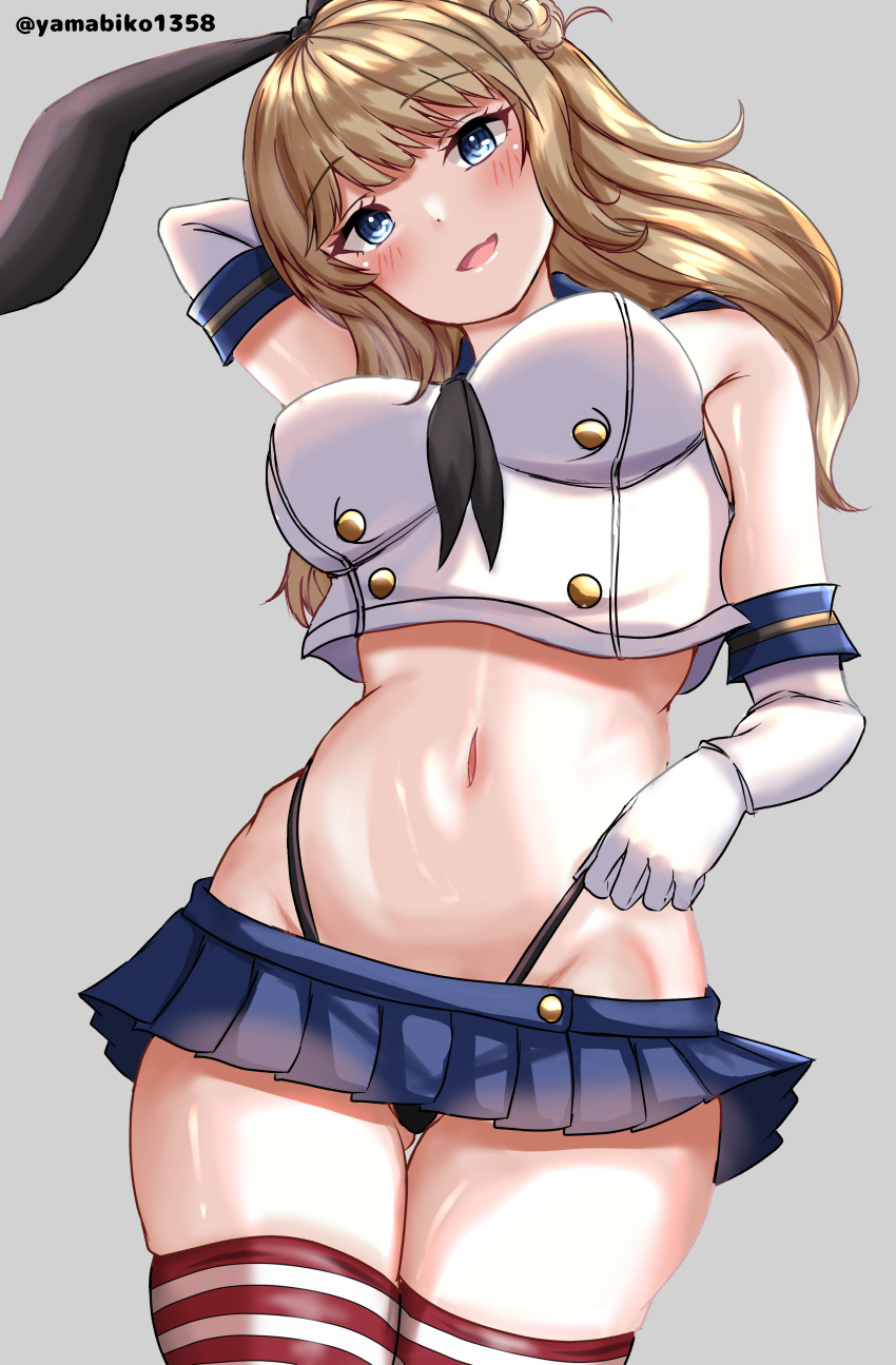 1girl absurdres arm_up black_hairband black_neckerchief black_panties blue_eyes blue_sailor_collar blue_skirt blush braid breasts buttons commentary_request cosplay cowboy_shot crop_top double-breasted elbow_gloves gloves grey_background hair_bun hairband highleg highleg_panties highres kantai_collection light_brown_hair long_hair looking_at_viewer medium_breasts microskirt miniskirt mizuki_(uzuki_no_sato) navel neckerchief open_mouth panties ranger_(kancolle) sailor_collar shimakaze_(kancolle) shimakaze_(kancolle)_(cosplay) skirt smile solo striped_clothes striped_thighhighs thighhighs thong twitter_username underwear white_gloves