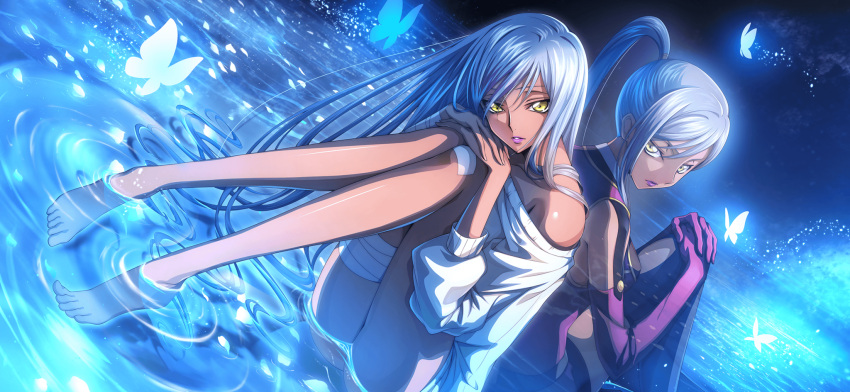 2girls artist_request back-to-back bandaged_leg bandages bare_shoulders barefoot black_thighhighs blue_background bottomless breasts bug butterfly closed_mouth code_geass code_geass:_lost_stories dark-skinned_female dark_skin dual_persona dutch_angle elbow_gloves feet from_behind game_cg gloves glowing grey_hair hair_tie hands_on_own_knee hands_on_own_knees hands_up head_tilt high_ponytail highres jacket knees_together_feet_apart knees_up leaning_forward legs light_particles lipstick long_hair long_sleeves looking_at_viewer looking_back makeup medium_breasts military_uniform multiple_girls non-web_source off_shoulder official_art oversized_clothes own_hands_together parted_lips petals petals_on_liquid purple_gloves purple_jacket purple_lips shallow_water sidelocks sitting sleeveless sleeveless_jacket sweater teeth thighhighs toes transparent uniform villetta_nu water white_sweater yellow_eyes