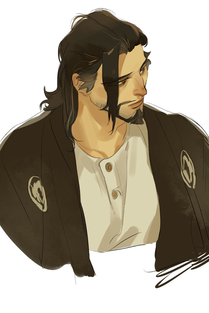 1boy beard brown_eyes brown_hair brown_jacket chengongzi123 closed_mouth cropped_shoulders facial_hair hanzo_(overwatch) highres jacket long_hair looking_to_the_side male_focus overwatch overwatch_1 shirt simple_background solo upper_body white_background