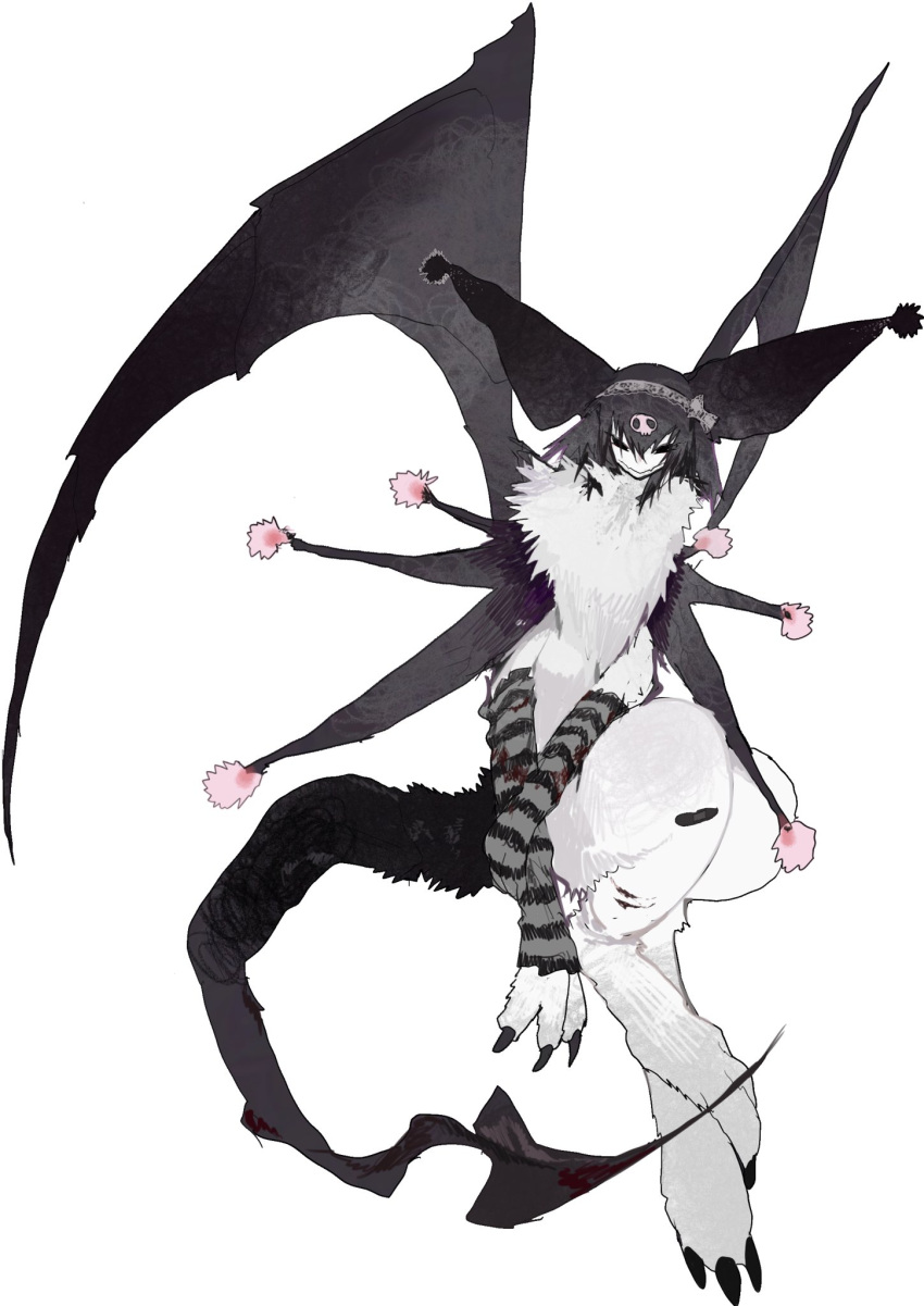 animal_ears animal_focus arm_warmers bat_wings black_arm_warmers black_eyes black_hair black_tail claws full_body grey_arm_warmers grey_hairband hairband highres inset kamikiririp kuromi monsterification neck_fur sanrio solo two-tone_arm_warmers white_background white_fur wings