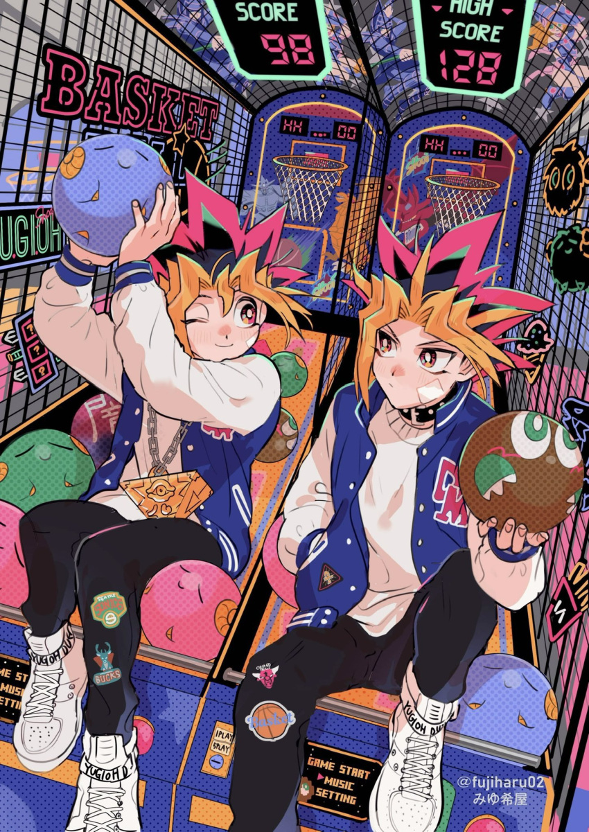 arcade ball basketball basketball_hoop black_pants blue_jacket chain_necklace character_request foot_out_of_frame fujiharu_(akamine) highres holding holding_ball indoors jacket jewelry kuriboh multicolored_hair mutou_yuugi necklace pants sitting spiked_hair sticker twitter_username white_footwear white_sneakers yami_yuugi yu-gi-oh! yu-gi-oh!_duel_monsters