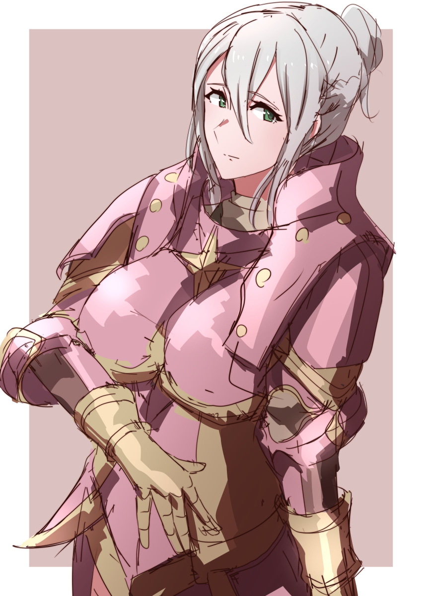 1girl absurdres armor effie_(fire_emblem) fire_emblem fire_emblem_fates green_eyes grey_hair hair_between_eyes hair_bun highres looking_at_viewer pink_armor single_hair_bun solo to_(tototo_tk)