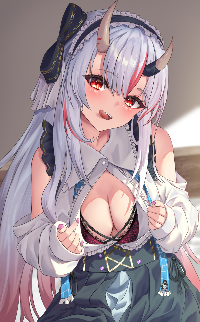 1girl absurdres bare_shoulders black_bra black_hairband black_skirt bra breasts button_gap cleavage commentary_request detached_sleeves fingernails frilled_hairband frills hairband head_tilt highres hololive horns large_breasts long_hair looking_at_viewer multicolored_hair nail_polish nakiri_ayame nakiri_ayame_(girly) official_alternate_costume official_alternate_hairstyle oni pink_nails red_eyes red_hair shirt skin-covered_horns skirt solo streaked_hair tongue tongue_out una_hirag underwear virtual_youtuber white_hair white_shirt