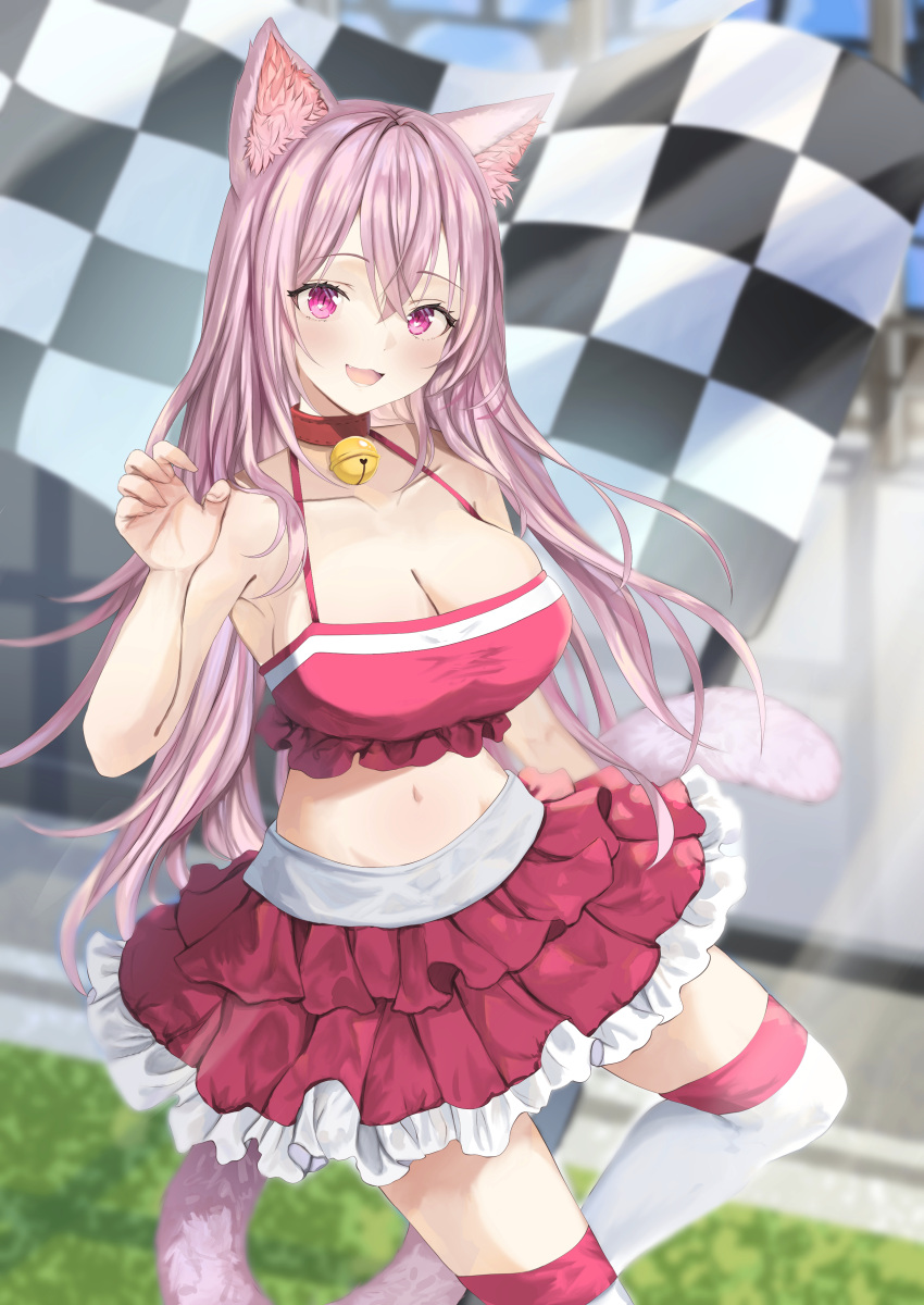 1girl :3 :d absurdres aisu_(icicleshot) animal_ears arm_behind_back bare_shoulders bell blush breasts cat_ears cat_girl cat_tail checkered_flag claw_pose cleavage collar commentary_request crop_top curly_hair day fang flag frilled_skirt frills hair_between_eyes hand_up happy highres large_breasts layered_skirt long_hair looking_at_viewer medium_breasts midriff navel neck_bell original outdoors pink_eyes pink_hair pink_skirt red_collar skirt sleeveless slit_pupils smile solo standing tail thighhighs very_long_hair