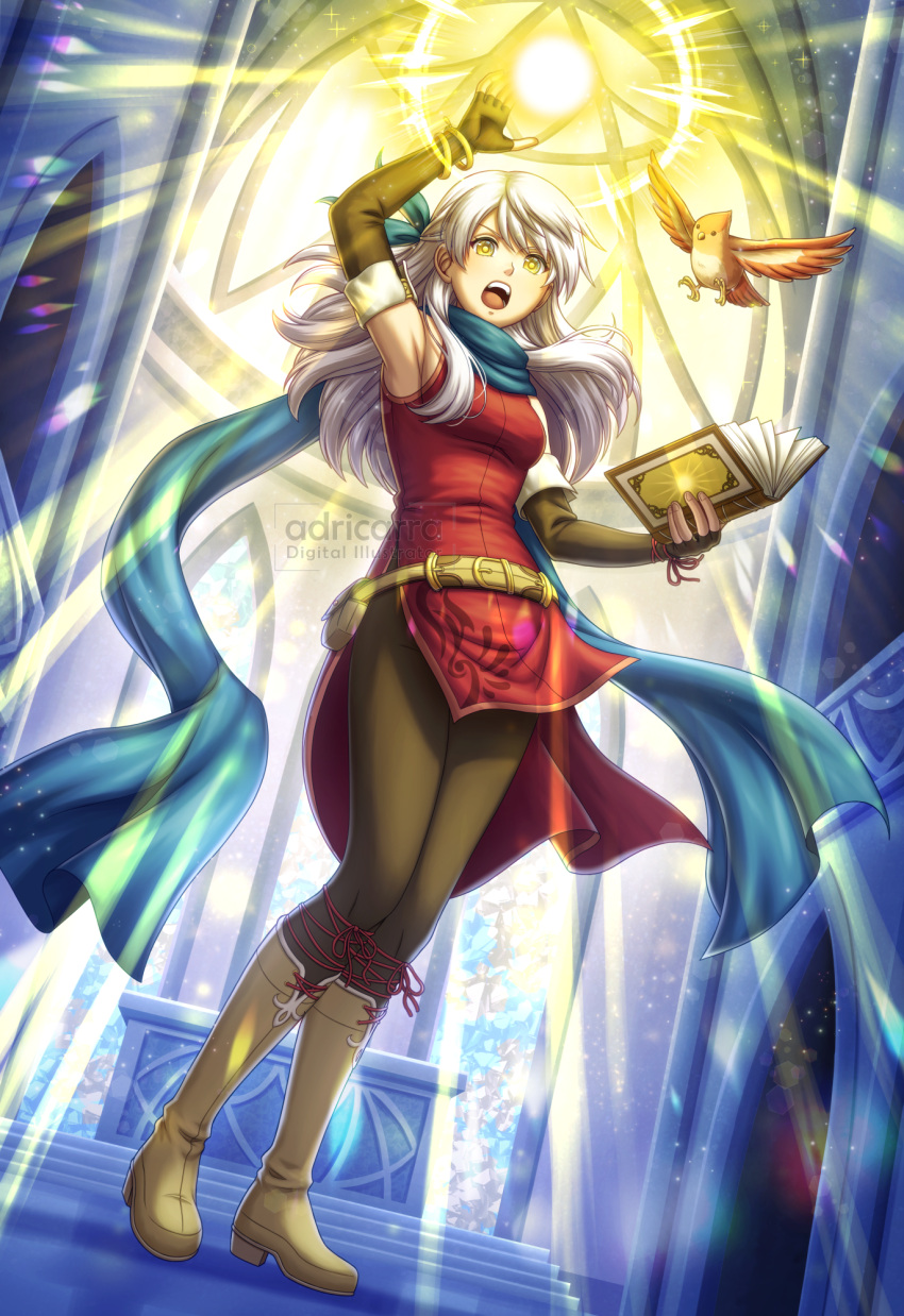 1girl :o adricarra arm_up armpits artist_name bangle bare_shoulders bird black_gloves black_leggings blue_scarf book bracelet breasts commentary_request dress elbow_gloves fingerless_gloves fire_emblem fire_emblem:_radiant_dawn gloves grey_hair hair_ribbon half_updo highres holding holding_book indoors jewelry leggings light_particles light_rays long_hair micaiah_(fire_emblem) open_book open_mouth pantyhose ribbon scarf side_slit sideboob sleeveless sleeveless_dress smile solo sunlight window yellow_eyes yune_(fire_emblem)