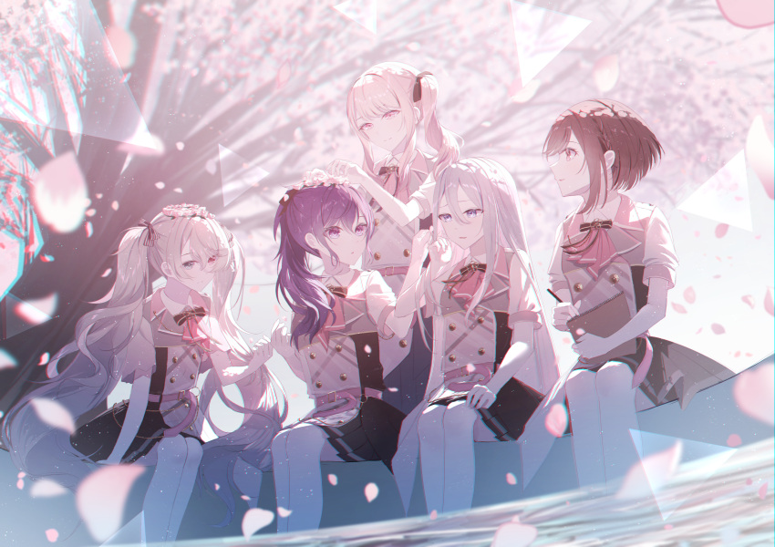 25-ji_nightcord_de._(project_sekai) 5girls :o absurdres akiyama_mizuki asahina_mafuyu bare_legs blue_eyes brown_eyes brown_hair buttons cherry_blossoms chromatic_aberration clipboard closed_mouth day falling_petals flower flower_wreath grey_eyes hair_between_eyes hand_up hatsune_miku head_wreath highres holding holding_clipboard howless light_particles long_hair looking_at_another multiple_girls outdoors parted_lips petals pink_eyes pink_hair pink_theme profile project_sekai purple_eyes purple_hair shinonome_ena short_hair side_ponytail sidelocks sitting smile soaking_feet tree triangle twintails uniform water white_flower white_hair yoisaki_kanade