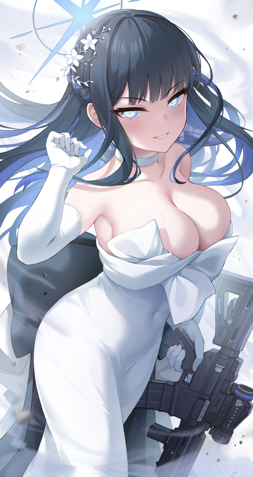 1girl absurdres armpits assault_rifle bare_shoulders black_hair blue_archive blue_eyes blue_halo breasts choker cleavage collarbone commentary_request dress flower gun hair_flower hair_ornament halo highres holding holding_gun holding_weapon large_breasts long_hair looking_at_viewer official_alternate_costume rifle saori_(blue_archive) saori_(dress)_(blue_archive) shiranui_(nisioisin_sinob) smile solo weapon white_choker white_dress white_flower