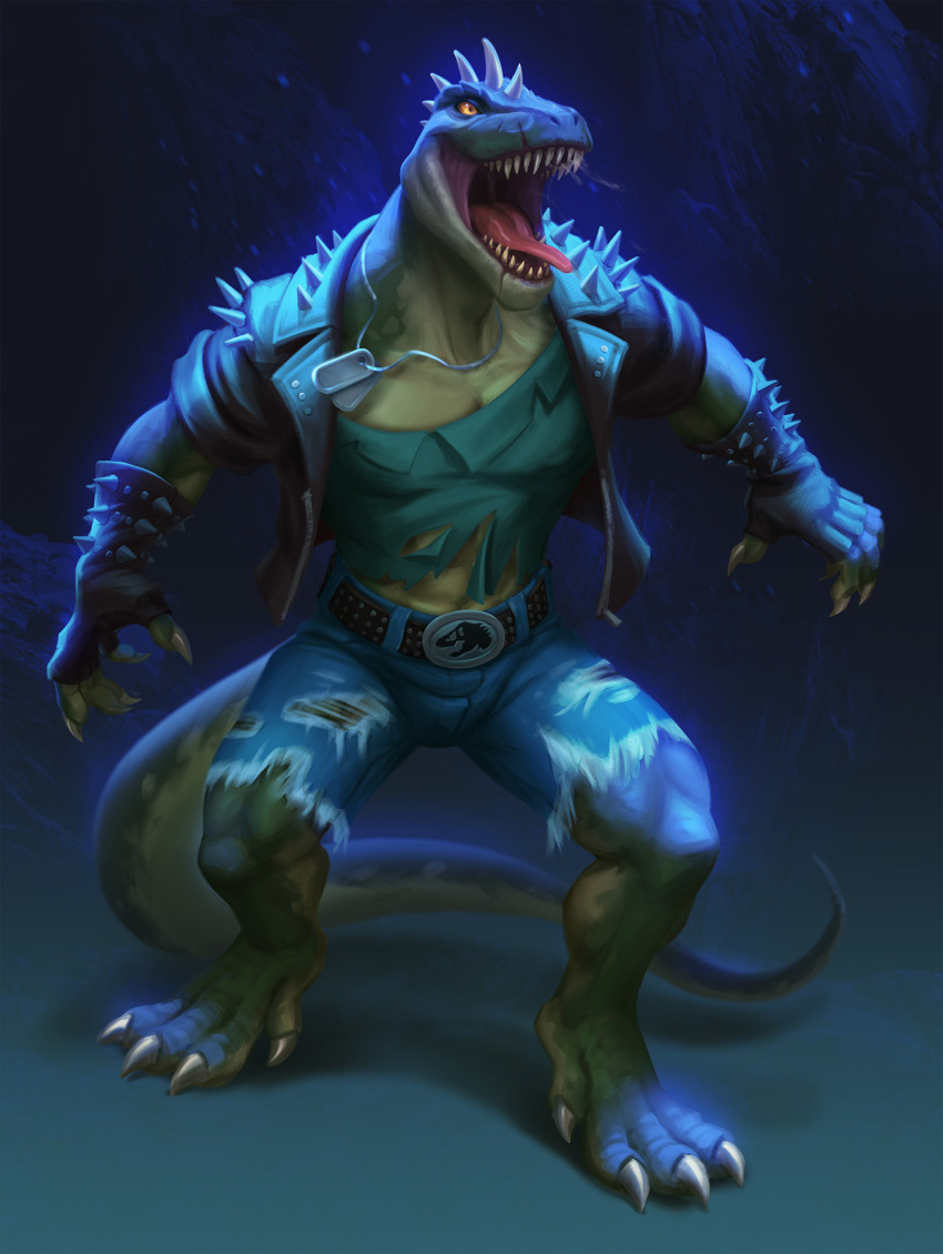 anthro claws clothing dinosaur doriangolovka hi_res male muscular muscular_anthro muscular_male pecs reptile rocco_(tallion) scalie sharp_teeth solo spiked_jacket spikes spikes_(anatomy) tail teeth theropod tongue tongue_out torn_clothing tyrannosaurid tyrannosaurus tyrannosaurus_rex