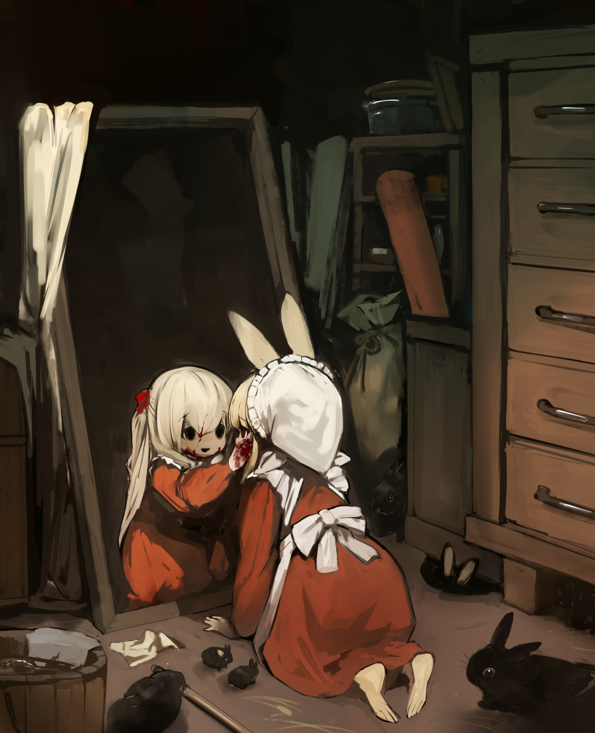 1girl 2girls absurdres animal animal_ears animal_feet apron back_bow bad_feet black_rabbit_(animal) blonde_hair blood blood_on_face blood_on_hands bow bucket chest_of_drawers commentary_request crate different_reflection drawer dress eye_contact frilled_apron frills hair_ribbon half_updo hand_on_another's_cheek hand_on_another's_face hat highres indoors kneeling long_dress long_hair long_sleeves looking_at_another mirror mob_cap multiple_girls open_mouth orange_dress original partial_commentary rabbit rabbit_ears red_ribbon reflection ribbon sack shirokujira smile soles solo very_long_hair washbowl white_apron wooden_bucket