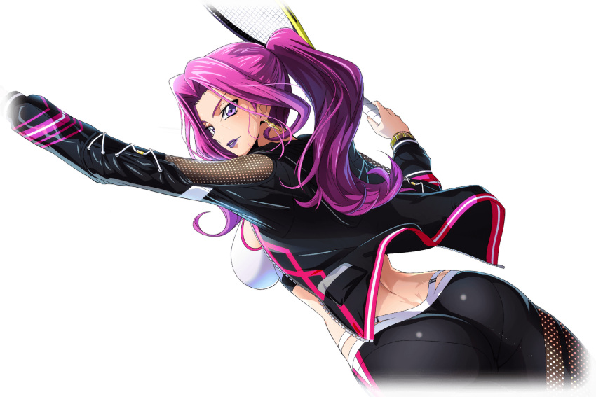 1girl arm_up artist_request ass back black_jacket black_leggings breasts clothing_cutout code_geass code_geass:_lost_stories cornelia_li_britannia cowboy_shot cropped_legs dimples_of_venus dutch_angle earrings forehead from_behind game_cg hair_intakes hand_up happy highres holding_tennis_racket jacket jewelry leggings lipstick long_hair long_sleeves looking_at_viewer makeup medium_breasts midriff non-web_source official_art pantylines parted_lips pink_trim playing_sports purple_eyes purple_hair purple_lips serving_(sports) shiny_clothes sidelocks simple_background smile solo sports_bra sportswear standing sweat teeth tennis transparent_background white_sports_bra zipper