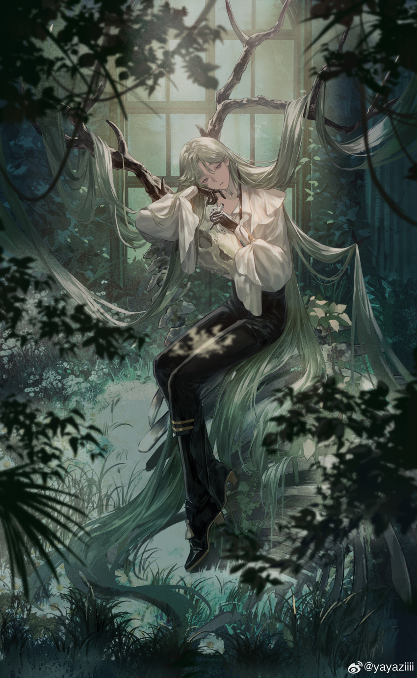 1boy absurdly_long_hair absurdres animal_skeleton bishounen black_footwear black_gloves black_pants black_ribbon blonde_hair daisy elbow_rest flower foliage frilled_shirt frills full_body gloves gradient_hair grass green_hair grey_eyes hair_flowing_over head_rest high-waist_pants highres holding holding_instrument indoors instrument leaf long_hair long_sleeves looking_at_viewer male_focus multicolored_hair neck_tattoo ocarina pants parted_bangs parted_lips project_soul puffy_long_sleeves puffy_sleeves ribbon shirt shoes sitting solo sunlight tattoo tree very_long_hair white_flower white_shirt window yayaziiii