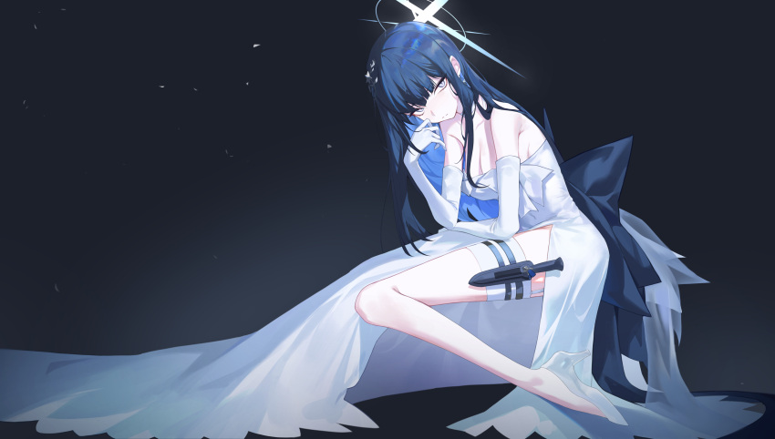 1girl black_bow black_hair blue_archive blue_eyes blue_hair bow colored_inner_hair commentary_request dark_background dress dress_bow elbow_gloves gloves halo head_rest highres holster knife_sheath long_hair multicolored_hair official_alternate_costume saori_(blue_archive) saori_(dress)_(blue_archive) sb_lama sheath simple_background solo thigh_holster waist_bow white_dress white_gloves