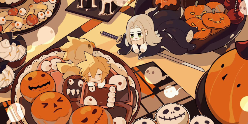 2boys blonde_hair blush_stickers candy_apple chibi chinese_commentary chocobo closed_eyes cloud_strife commentary_request cookie cupcake dapanggezilan dessert doughnut final_fantasy final_fantasy_vii food full_body ghost green_eyes grey_hair halloween highres jack-o'-lantern katana lace long_hair male_focus masamune_(ff7) mini_person multiple_boys octopus_boy on_plate on_table open_mouth pastry plate pop_tart pumpkin sephiroth short_hair smile spiked_hair sword table tentacles topless_male weapon