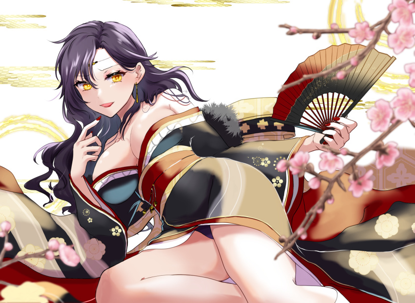 1girl alternate_costume azur_lane bare_shoulders black_hair black_kimono breasts cherry_blossoms circlet cleavage collarbone commission commissioner_upload cosplay earrings fingernails fire_emblem fire_emblem:_the_blazing_blade folding_fan friedrich_der_grosse_(azur_lane) friedrich_der_grosse_(azur_lane)_(cosplay) friedrich_der_grosse_(dark_raiments_of_gagaku)_(azur_lane) friedrich_der_grosse_(dark_raiments_of_gagaku)_(azur_lane)_(cosplay) fur-trimmed_kimono fur_trim hand_fan highres holding holding_fan japanese_clothes jewelry kimono large_breasts lipstick long_fingernails long_hair looking_at_viewer low_neckline makeup mature_female mu_tu_bu nabatame_hitomi nail_polish new_year non-web_source off_shoulder panties panty_peek pixiv_commission purple_panties red_nails red_sash sash smile solo sonia_(fire_emblem) thighs underwear voice_actor_connection yellow_eyes