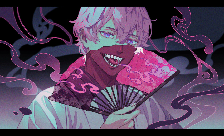 1boy akakokko_(niro_azarashi) akane-banashi arakawa_kaisei eyelashes folding_fan grey_background hair_between_eyes hand_fan holding holding_fan japanese_clothes kimono letterboxed looking_at_viewer male_focus open_mouth pink_hair purple_eyes sharp_teeth short_hair smoke solo teeth