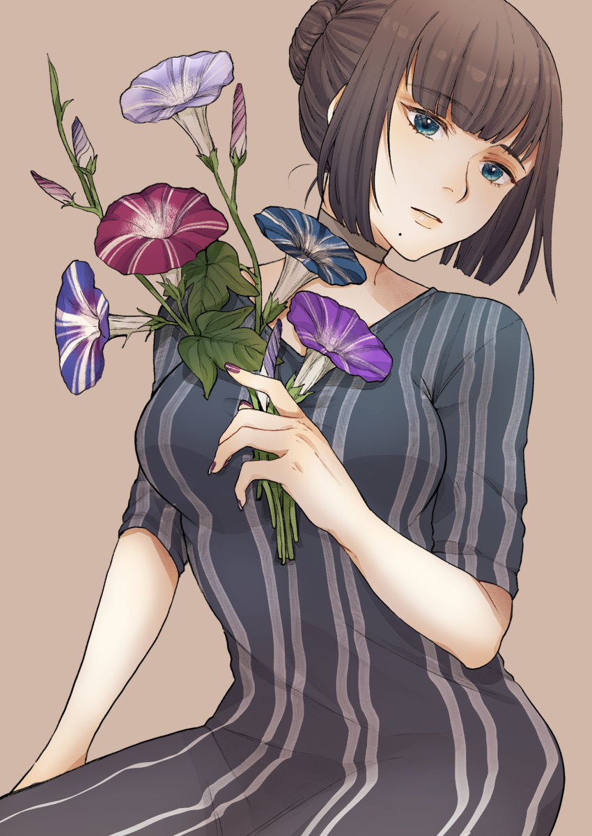 absurdres bouquet breasts brown_background brown_hair dress flower green_eyes grey_dress hair_bun head_tilt highres holding holding_bouquet looking_to_the_side mole mole_under_mouth morning_glory notamaru_2 original simple_background striped_clothes striped_dress vertical-striped_clothes vertical-striped_dress