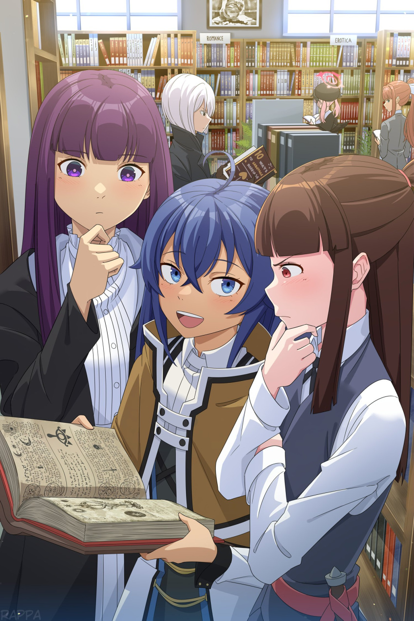 6+girls :d beret black_coat blue_archive blue_eyes blue_hair book bookshelf bow brown_cape brown_hair cape coat commentary crossed_bangs crossover doki_doki_literature_club dress english_commentary fern_(sousou_no_frieren) fiona_frost green_eyes grey_jacket grimoire halo hand_on_own_chin hat head_wings highres holding holding_book indoors jacket kagari_atsuko koharu_(blue_archive) library little_witch_academia long_hair long_sleeves looking_at_another looking_back luna_nova_school_uniform monika_(doki_doki_literature_club) multiple_girls mushoku_tensei open_book open_clothes open_coat pink_halo ponytail purple_eyes purple_hair rappa red_eyes ribbon roxy_migurdia school_uniform shirt sidelocks sleeve_cuffs smile sousou_no_frieren spy_x_family v-shaped_eyebrows wand white_bow white_dress white_ribbon white_shirt winged_hat wings witch