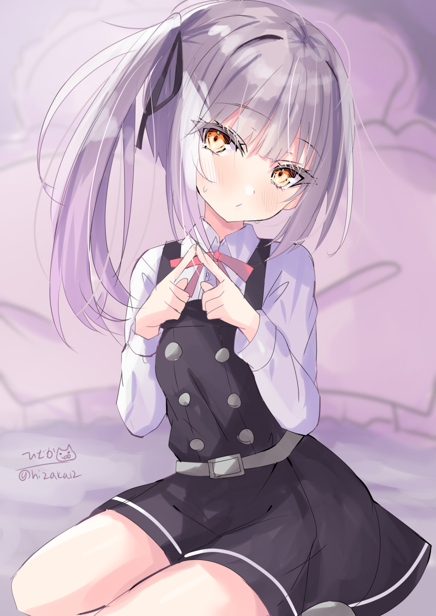 1girl absurdres arare_(kancolle) black_dress brown_eyes collared_shirt dress dress_shirt grey_hair highres hizaka index_fingers_together kantai_collection kasumi_(kancolle) long_hair neck_ribbon one-hour_drawing_challenge pinafore_dress red_ribbon ribbon shirt side_ponytail sitting sleeveless sleeveless_dress solo white_shirt